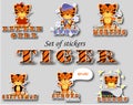 Set of Stickers with tiger-boys and tiger-girl. Symbol of 2022 year